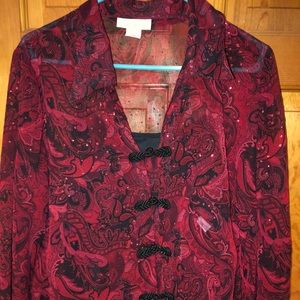 Blouse, 2 piece, sheer red top with black camisole